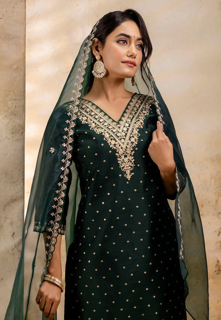 Green Chanderi Silk Readymade Pakistani Suit
