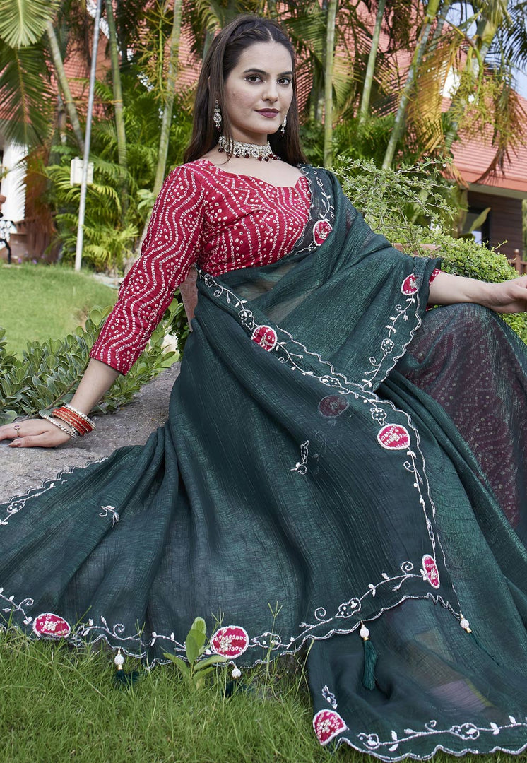 Green Chiffon Saree With Blouse