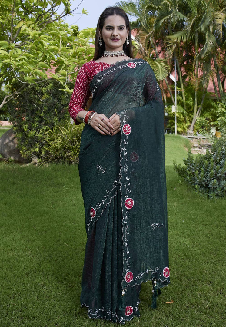 Green Chiffon Saree With Blouse