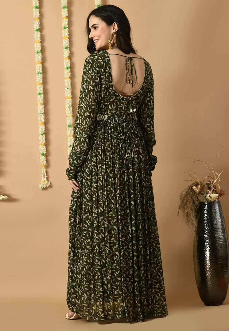 Green Chinon Printed Gown