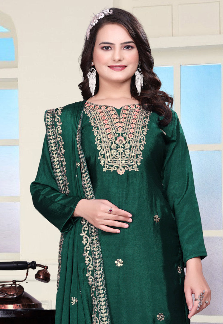 Green Chinon Readymade Pant Style Suit