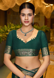Green Chinon Saree With Blouse