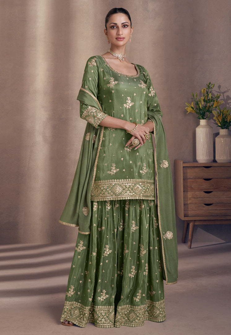 Green Chinon Sharara Suit