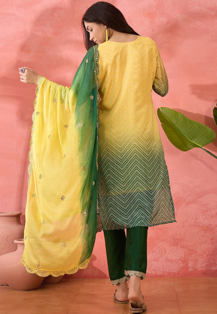Green Chinon Silk Readymade Pant Style Suit