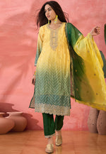 Load image into Gallery viewer, Green Chinon Silk Readymade Pant Style Suit
