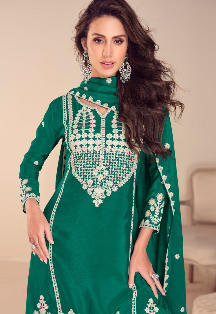 Green Chinon Silk Sharara Suit