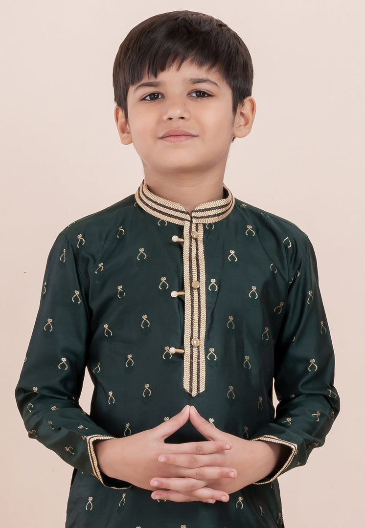 Green Cotton Jacquard Kids Kurta Pajama