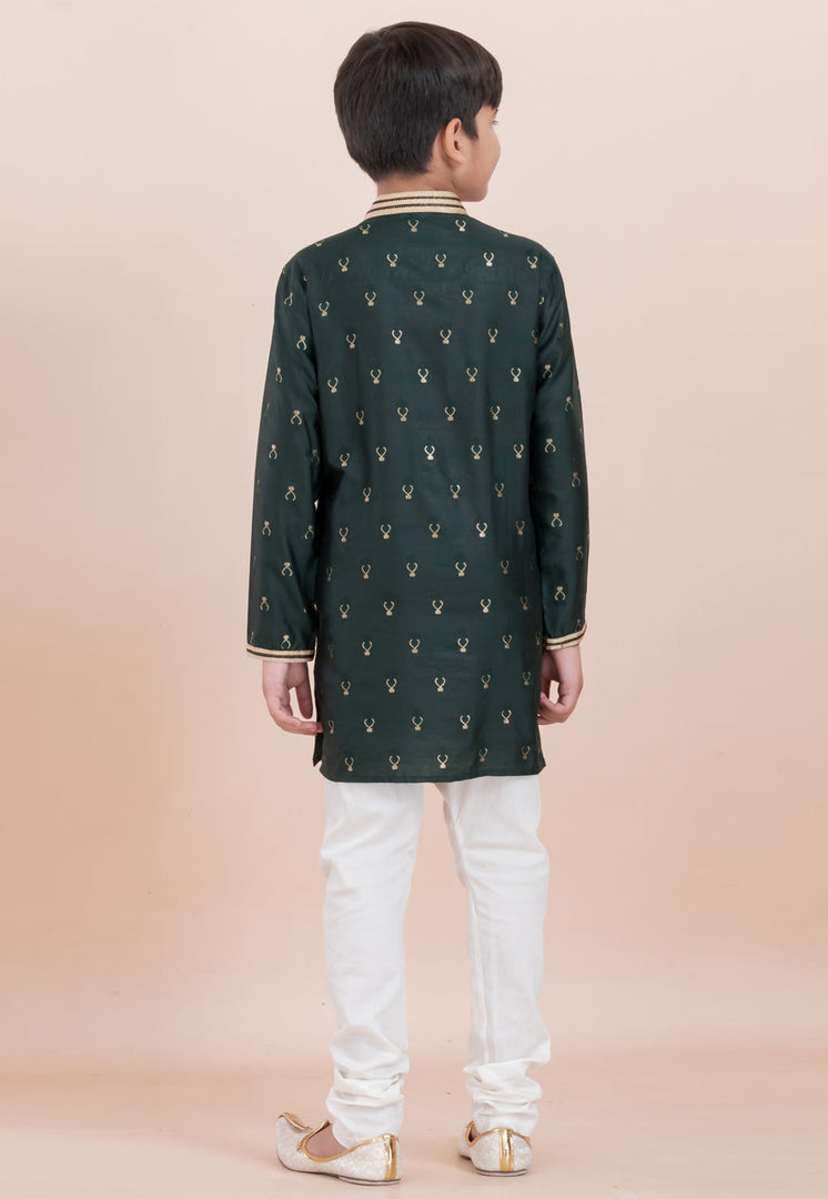 Green Cotton Jacquard Kids Kurta Pajama