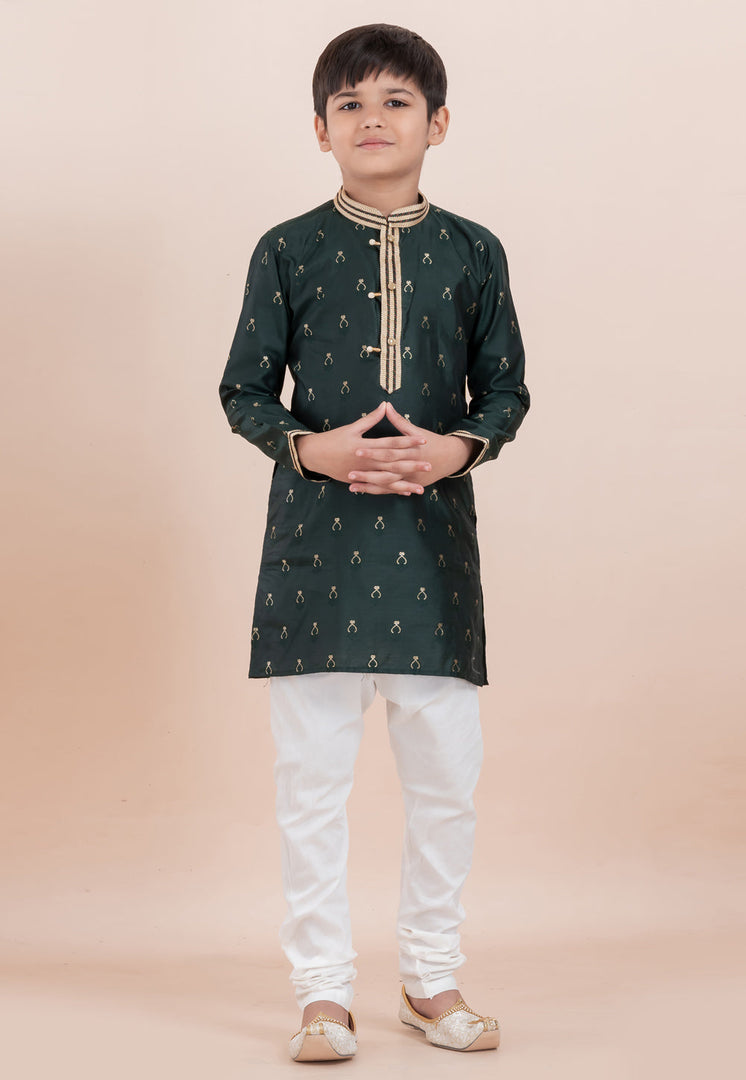 Green Cotton Jacquard Kids Kurta Pajama