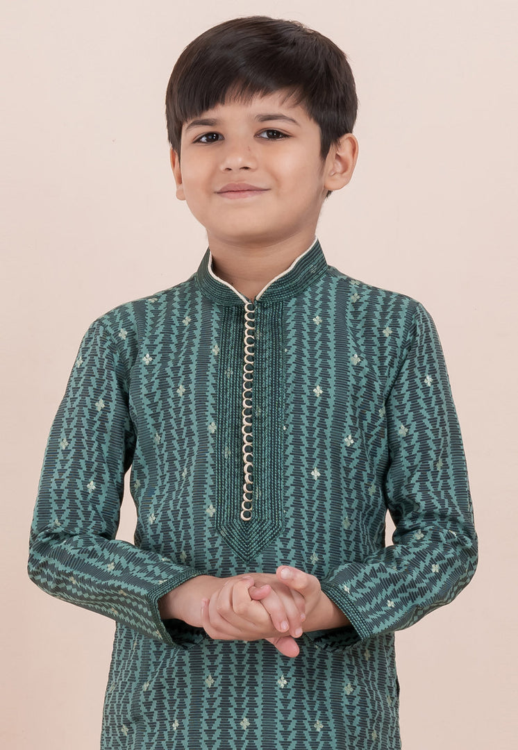 Green Cotton Jacquard Kids Kurta Pajama