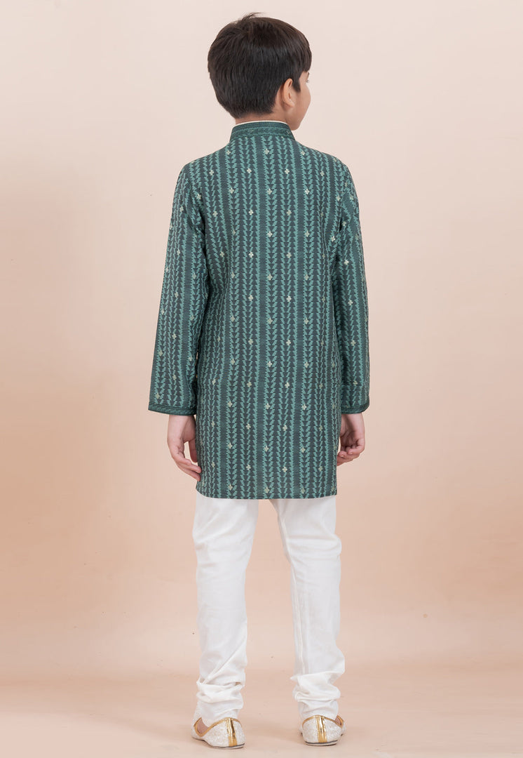 Green Cotton Jacquard Kids Kurta Pajama
