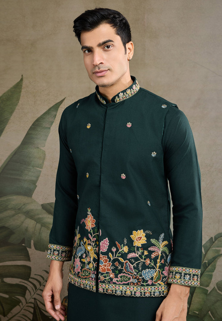 Green Cotton Kurta Pajama With Jacket