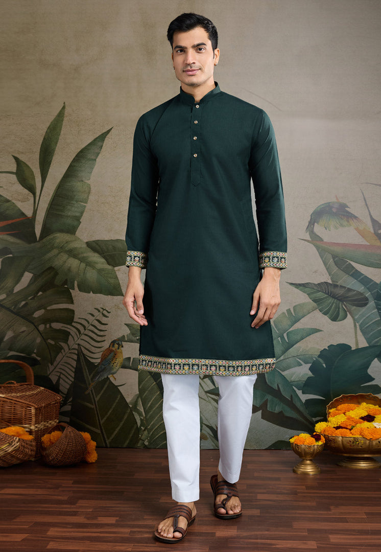 Green Cotton Kurta Pajama With Jacket