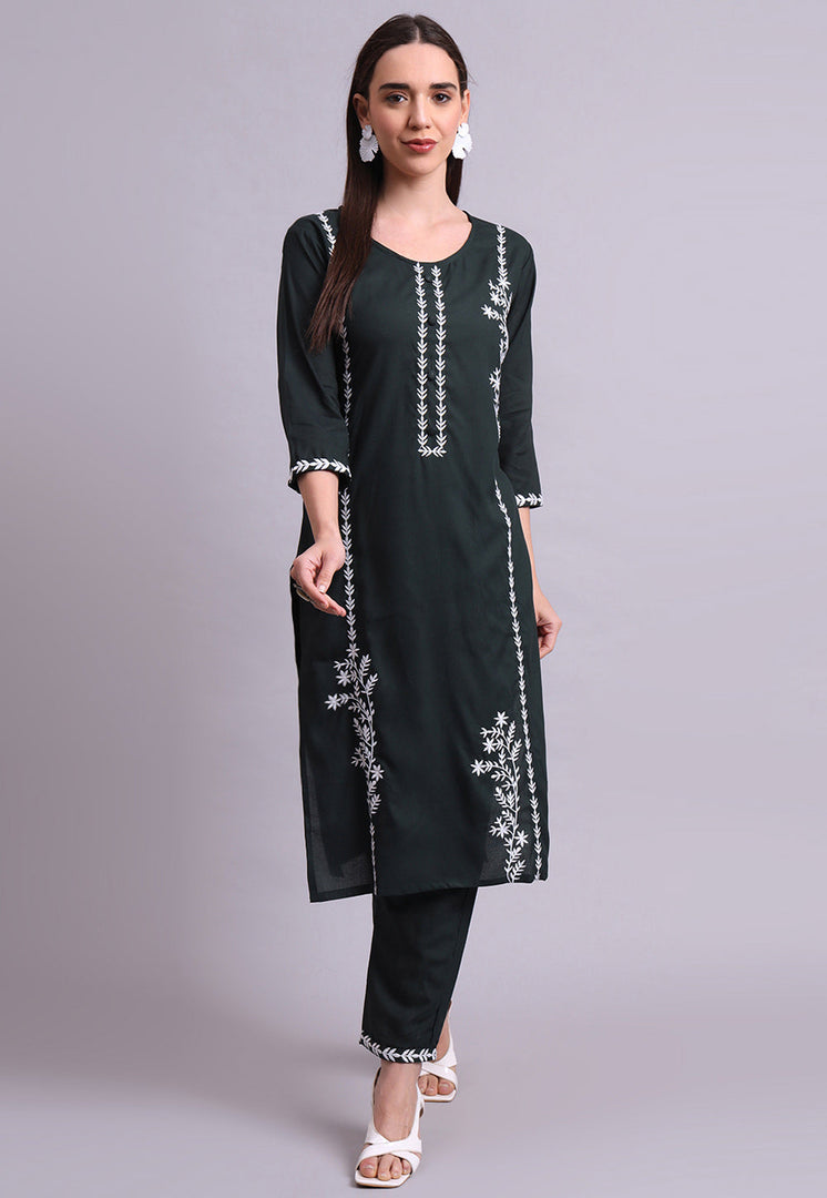 Green Cotton Kurta Set With Pent