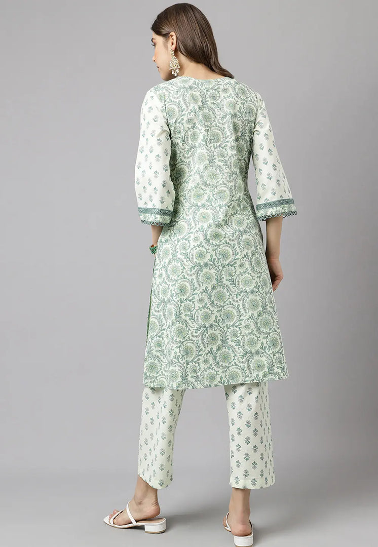 Green Cotton Kurta Set With Pent