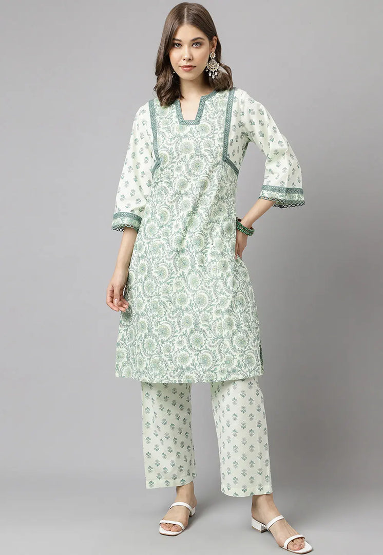 Green Cotton Kurta Set With Pent