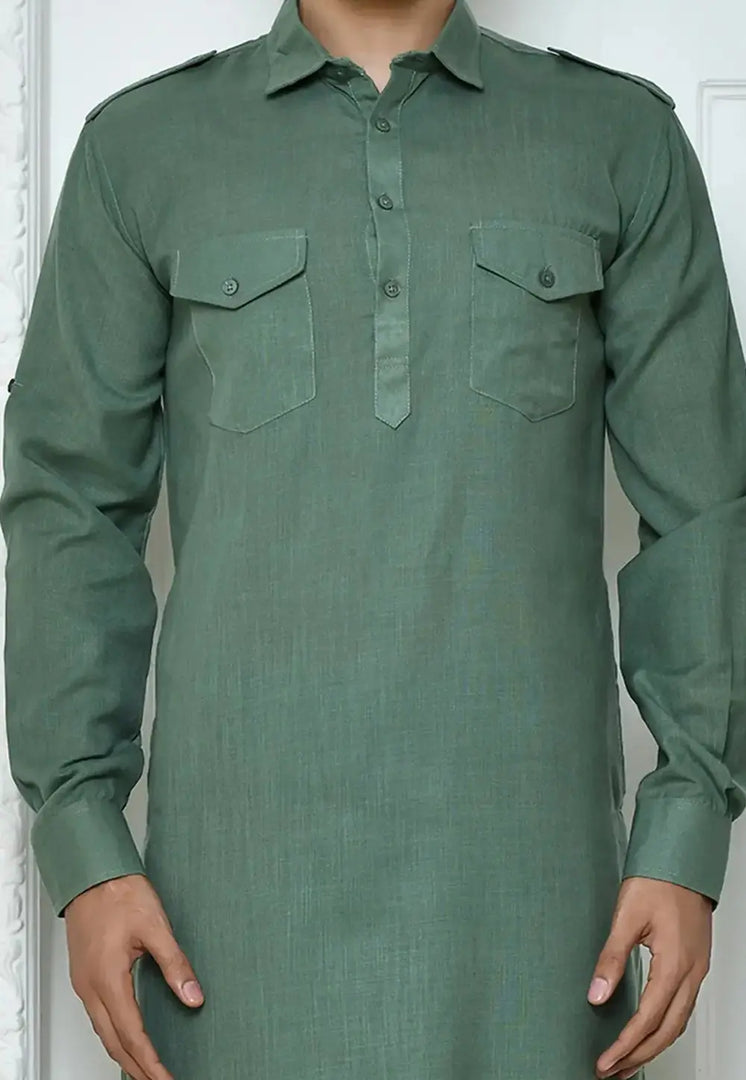 Green Cotton Pathani Suit