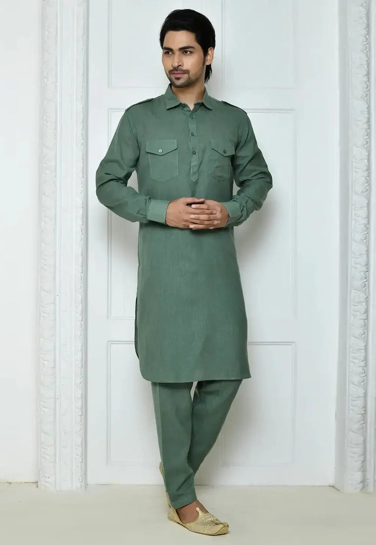 Green Cotton Pathani Suit