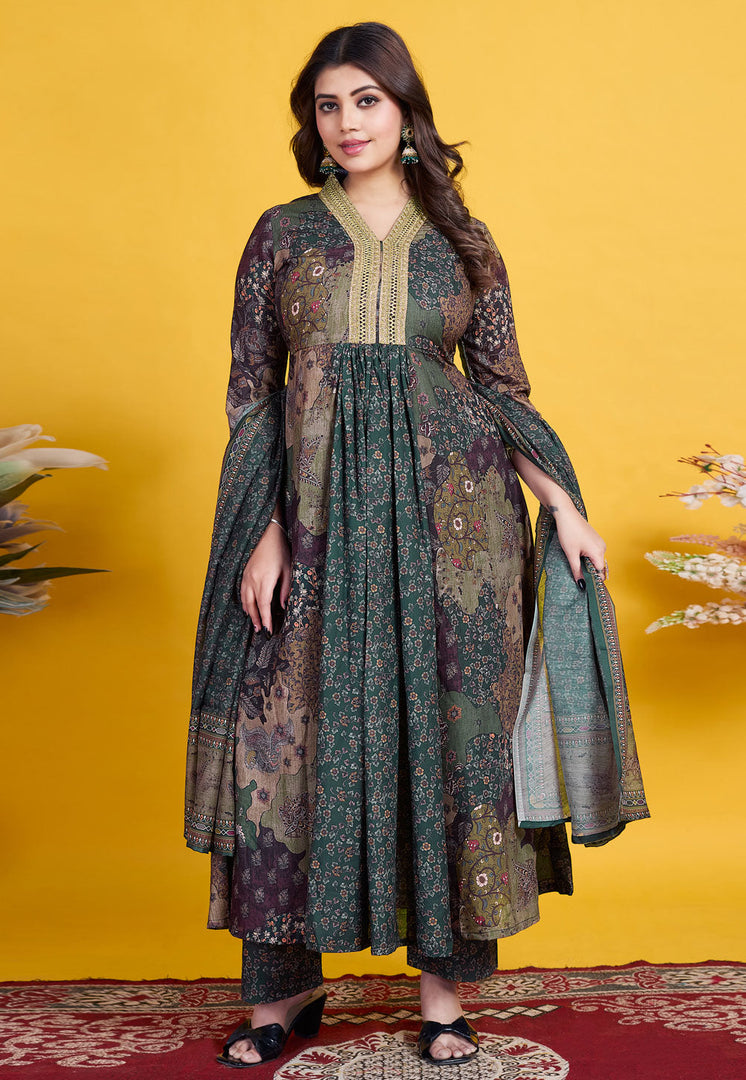 Green Cotton Readymade Anarkali Suit