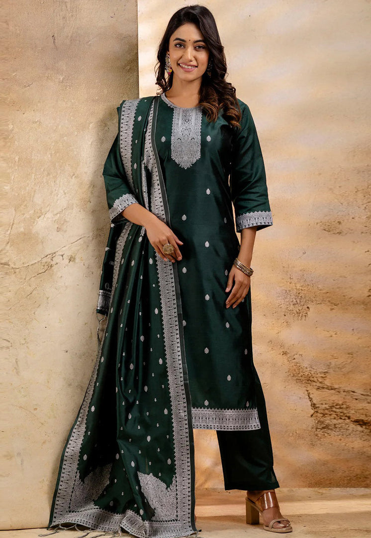 Green Cotton Readymade Pakistani Suit