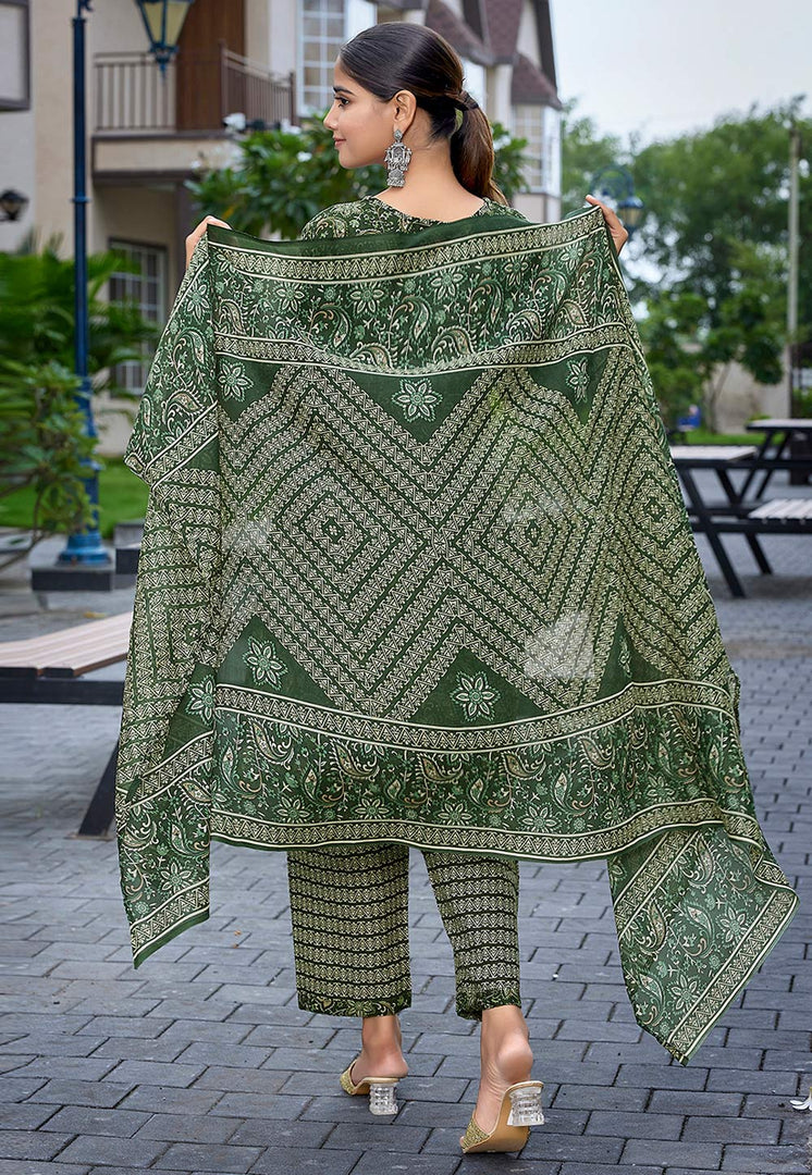 Green Cotton Readymade Pakistani Suit