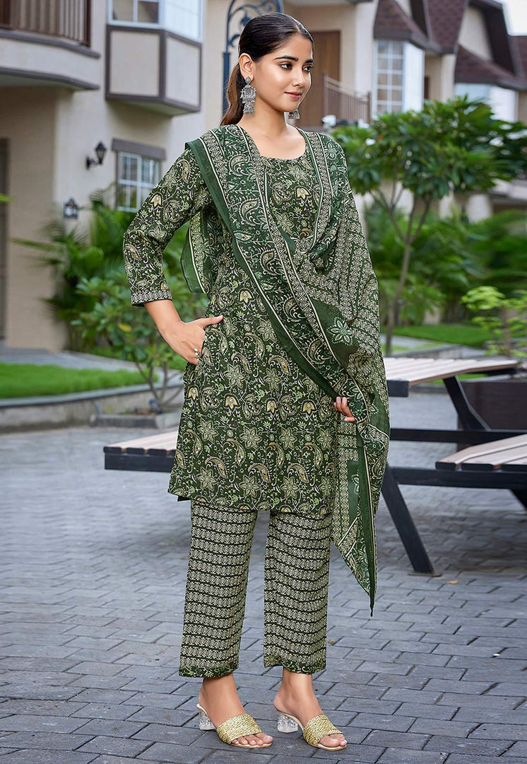 Green Cotton Readymade Pakistani Suit