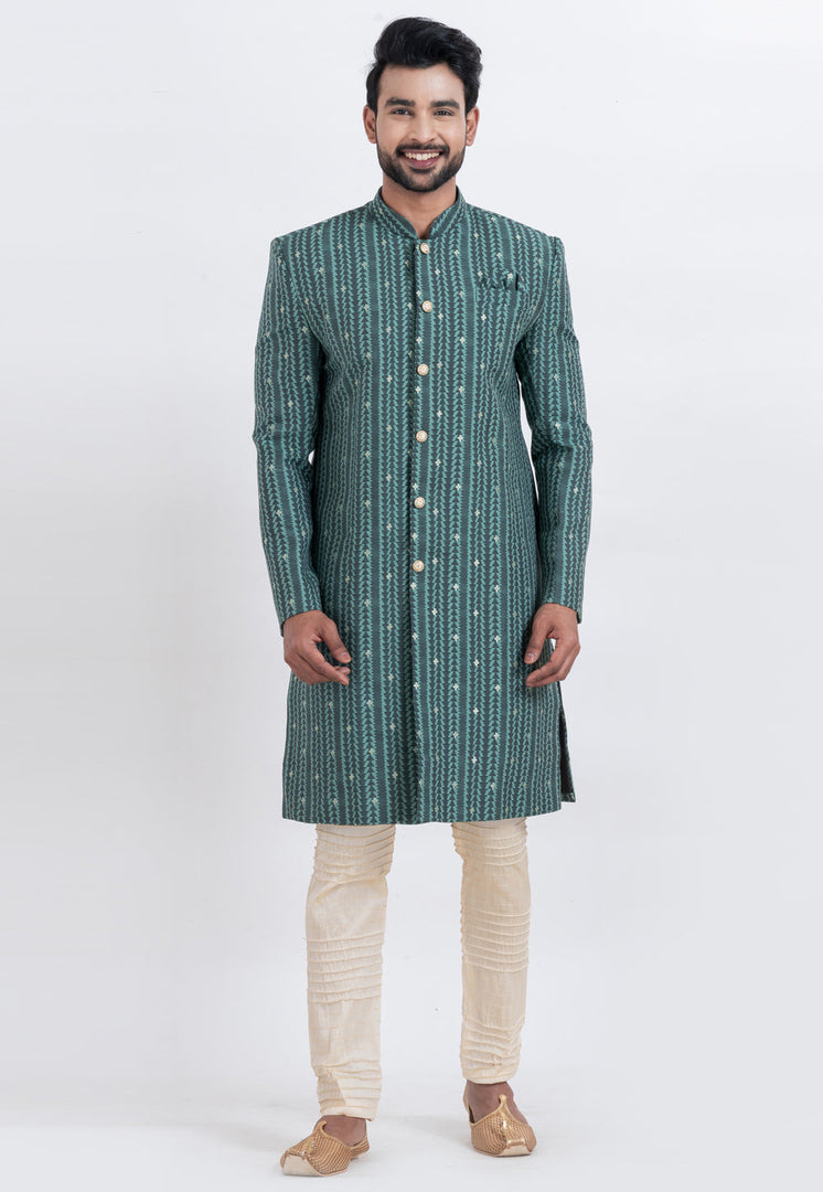 Green Cotton Silk Indo Western Suit