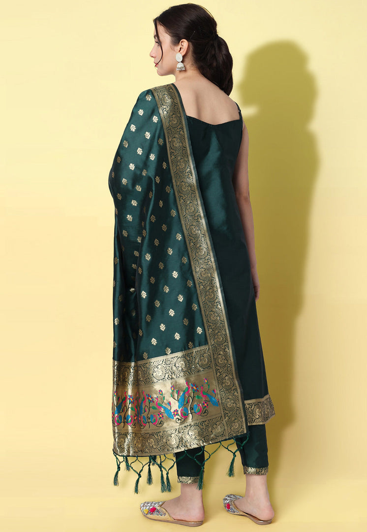 Green Cotton Silk Readymade Pant Style Suit