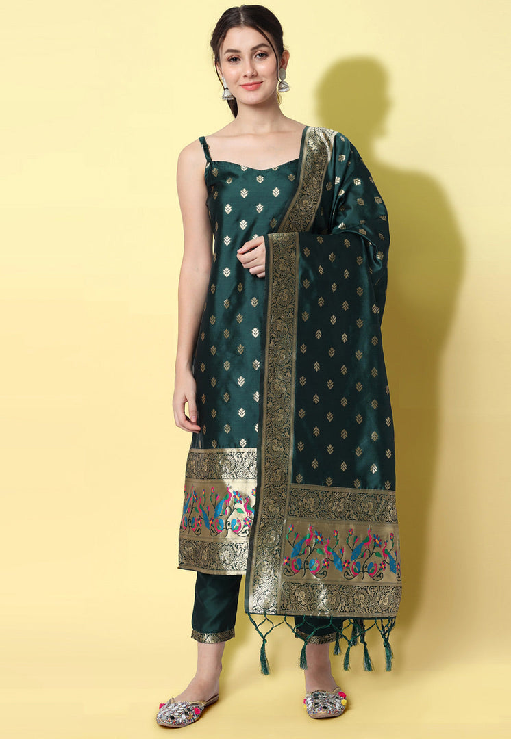 Green Cotton Silk Readymade Pant Style Suit
