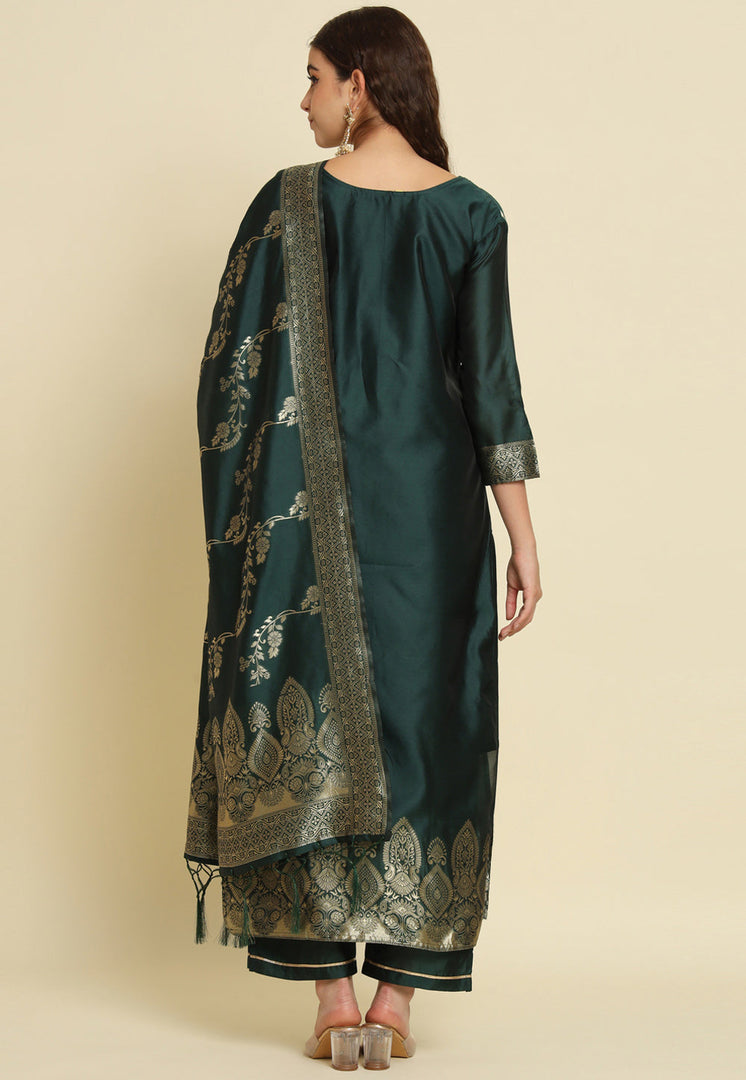 Green Cotton Silk Readymade Pant Style Suit