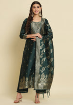 Load image into Gallery viewer, Green Cotton Silk Readymade Pant Style Suit

