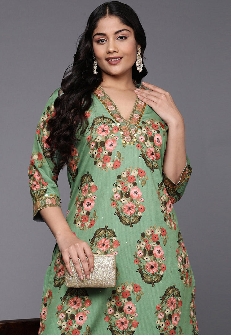 Green Crepe Kurta Set With Pant
