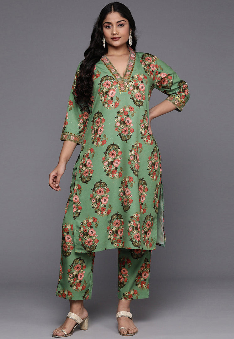 Green Crepe Kurta Set With Pant