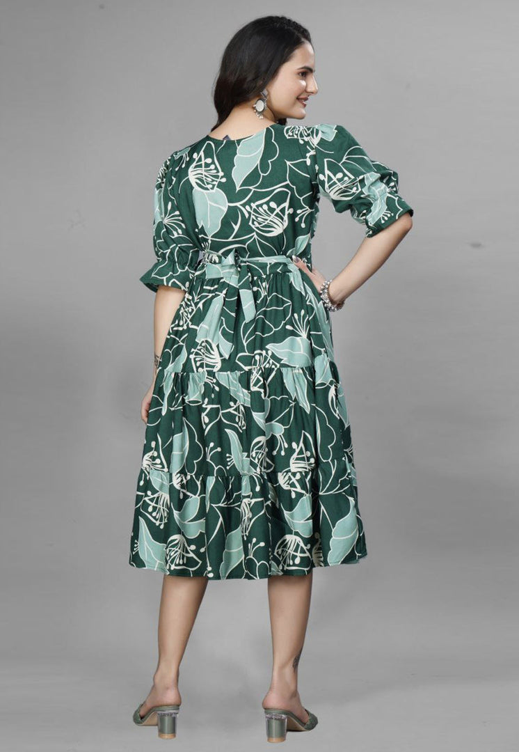 Green Crepe Printed Gown