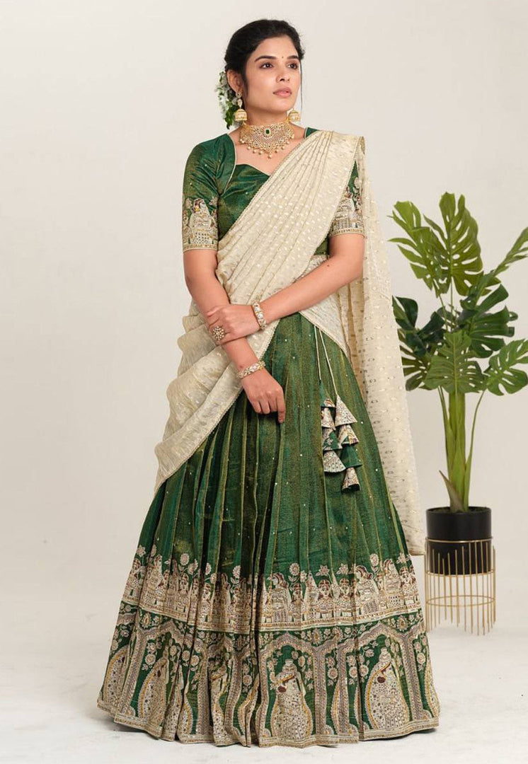 Green Crepe Readymade Circular Lehenga Choli