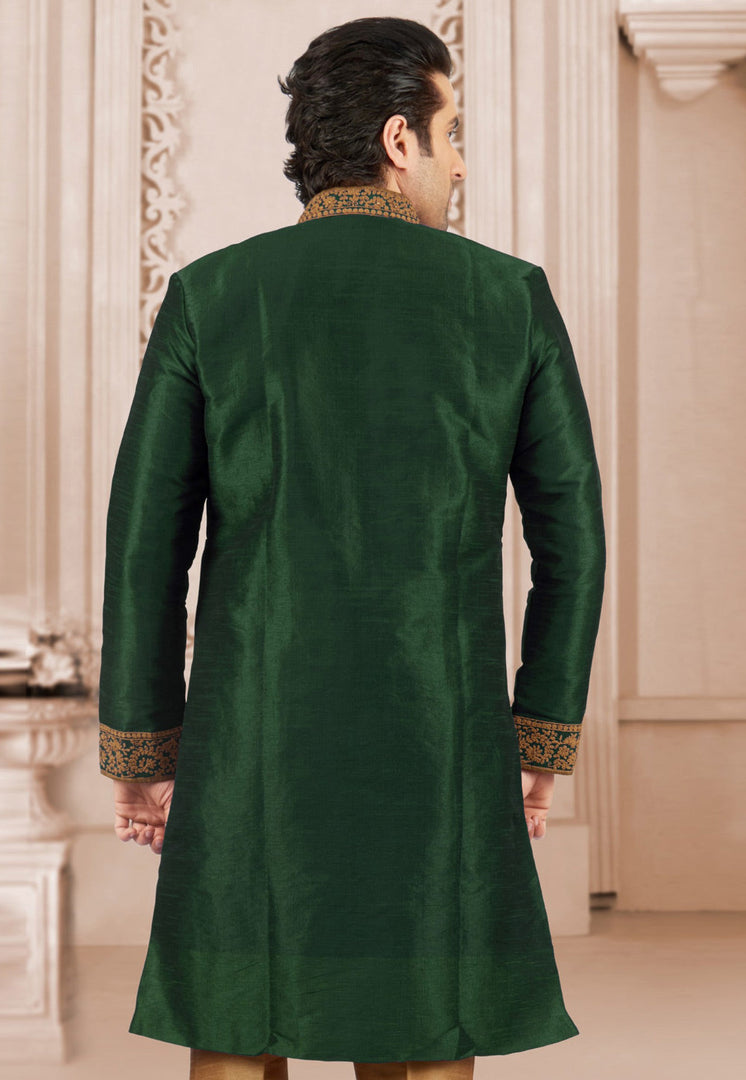 Green Dupion Silk Indo Western Suit