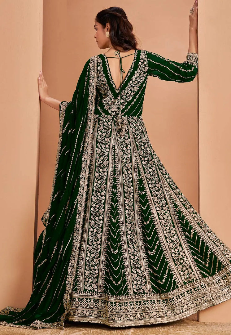 Green Faux Georgette Embroidered Long Anarkali Suit