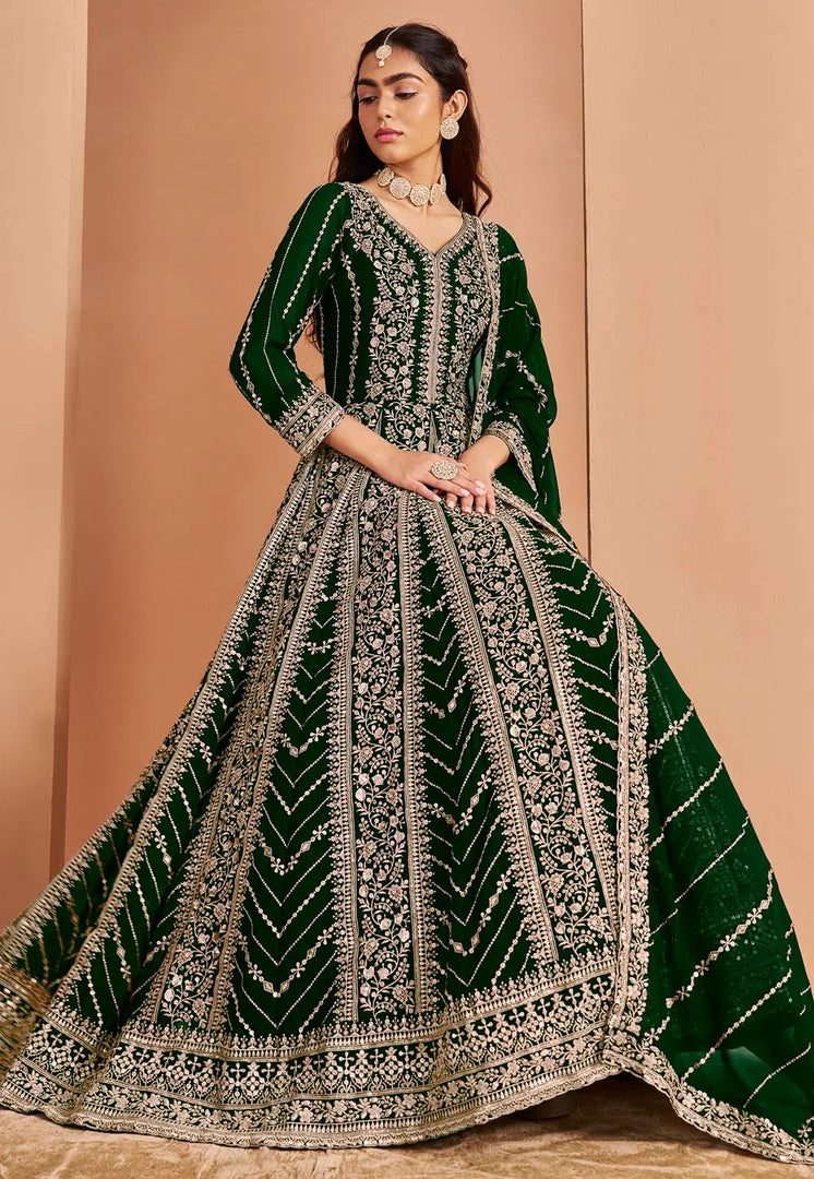 Green Faux Georgette Embroidered Long Anarkali Suit