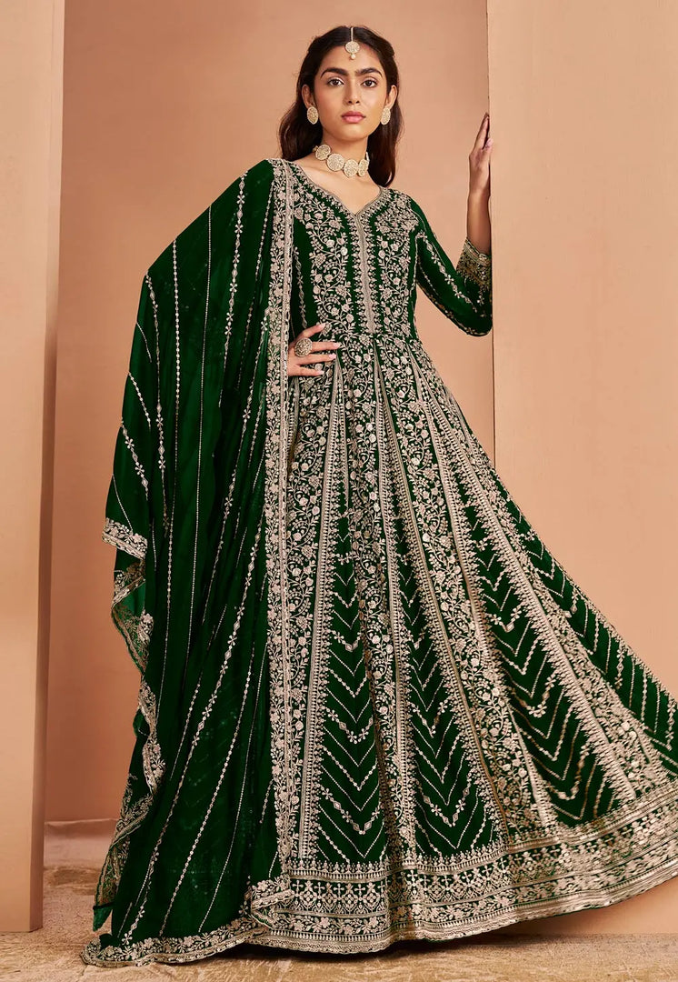 Green Faux Georgette Embroidered Long Anarkali Suit