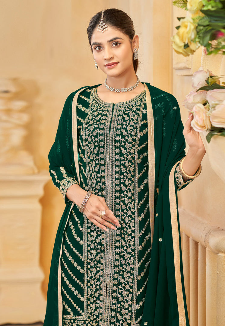 Green Faux Georgette Embroidered Sharara Suit