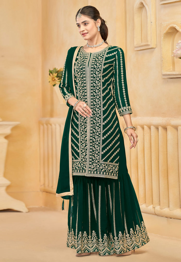 Green Faux Georgette Embroidered Sharara Suit