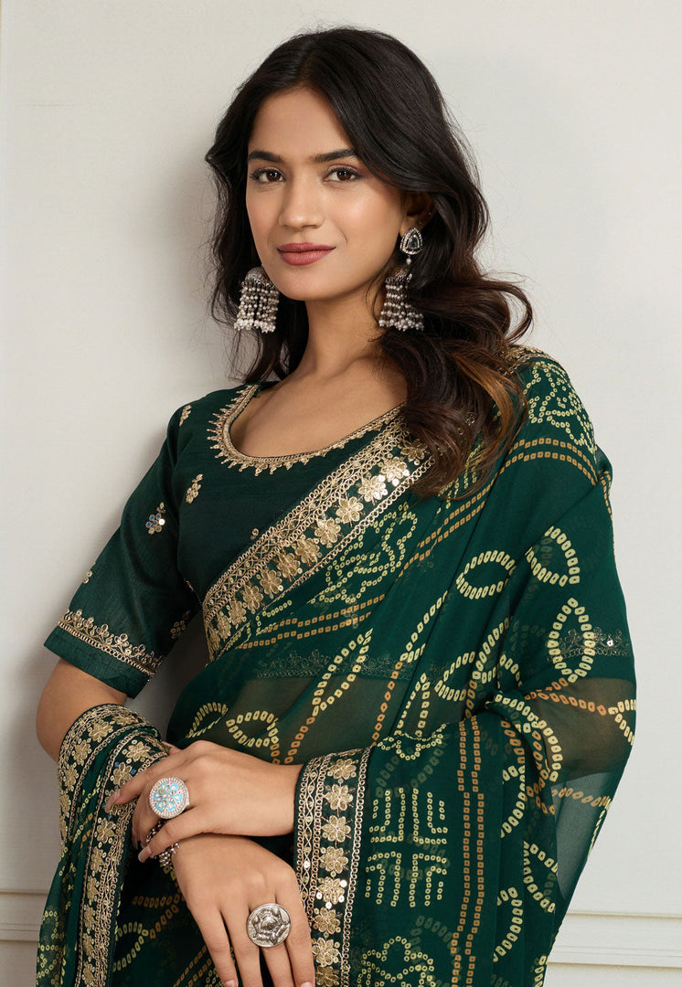 Green Georgette Bandhani Print Saree