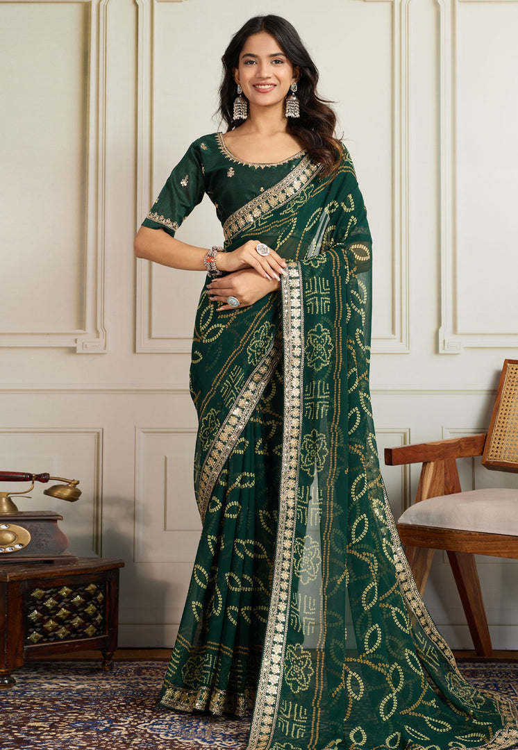 Green Georgette Bandhani Print Saree