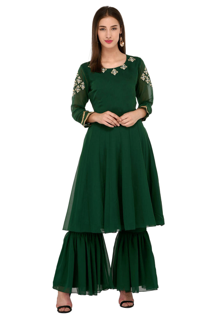 Green Georgette Kurta Set With Sharara