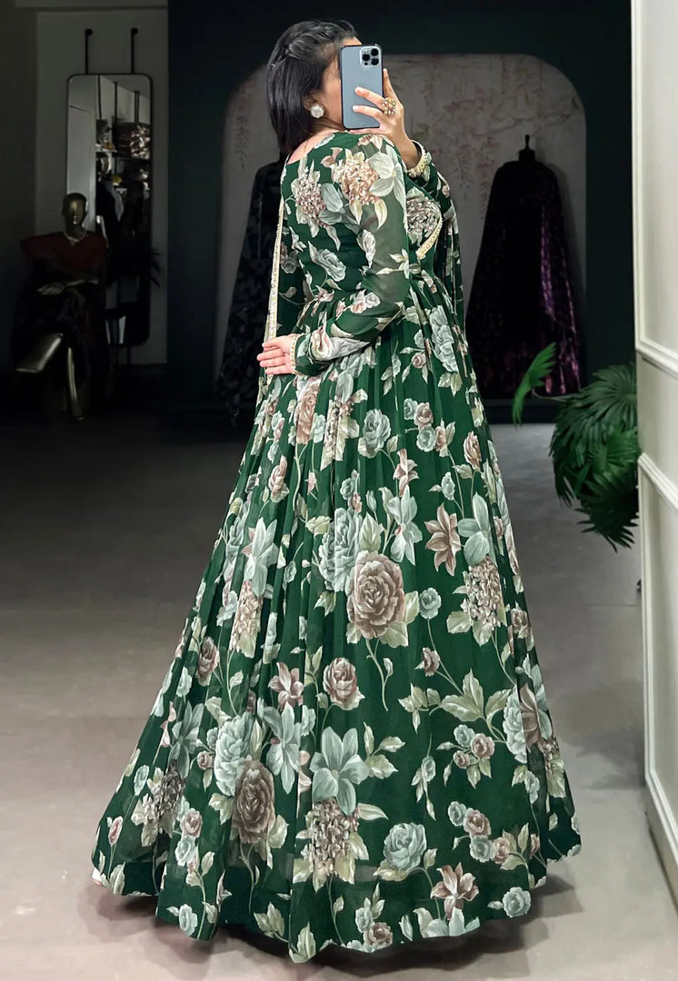 Green Georgette Readymade Long Anarkali Suit