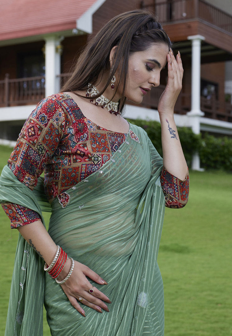 Green Georgette Saree With Blouse