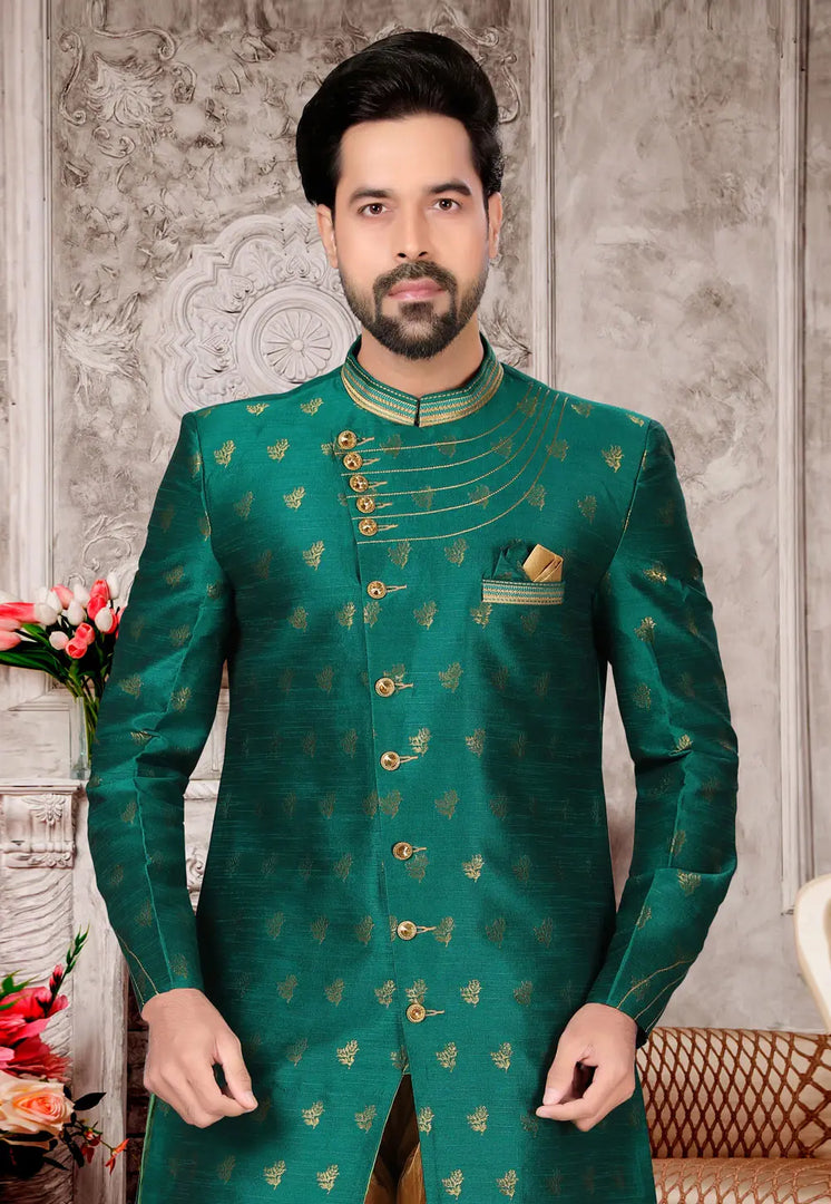Green Jacquard Dhoti Sherwani