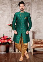 Load image into Gallery viewer, Green Jacquard Dhoti Sherwani
