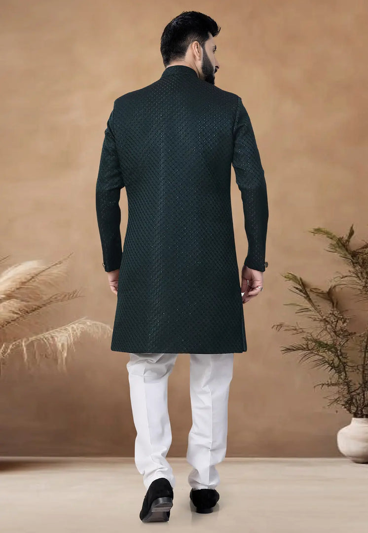 Green Jacquard Indo Western Suit