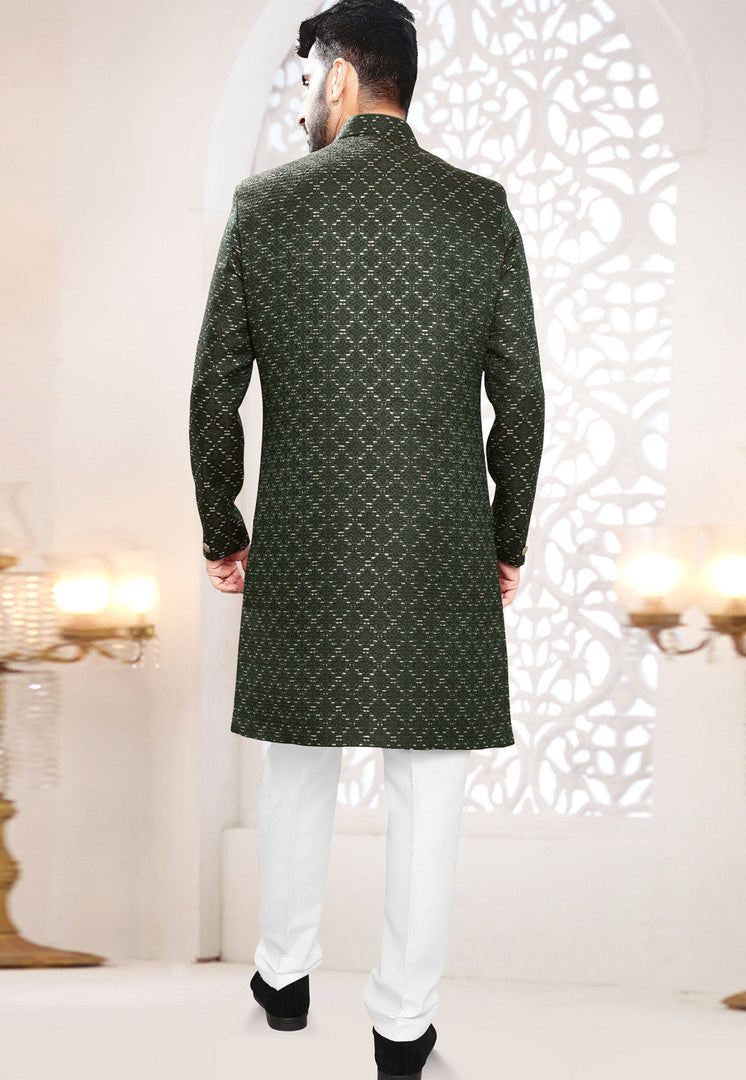 Green Jacquard Indo Western Suit
